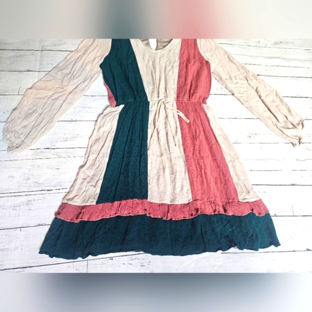 143 Story By Line Up Flowy Tiered Ruffle Longsleeve Midi Dress Colorblock Vneck - Picture 8 of 15